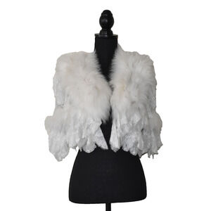 D0 Auth ADAM JONES PARIS Vintage White Lace & 100% Fox Fur Wrap Shawl Size M